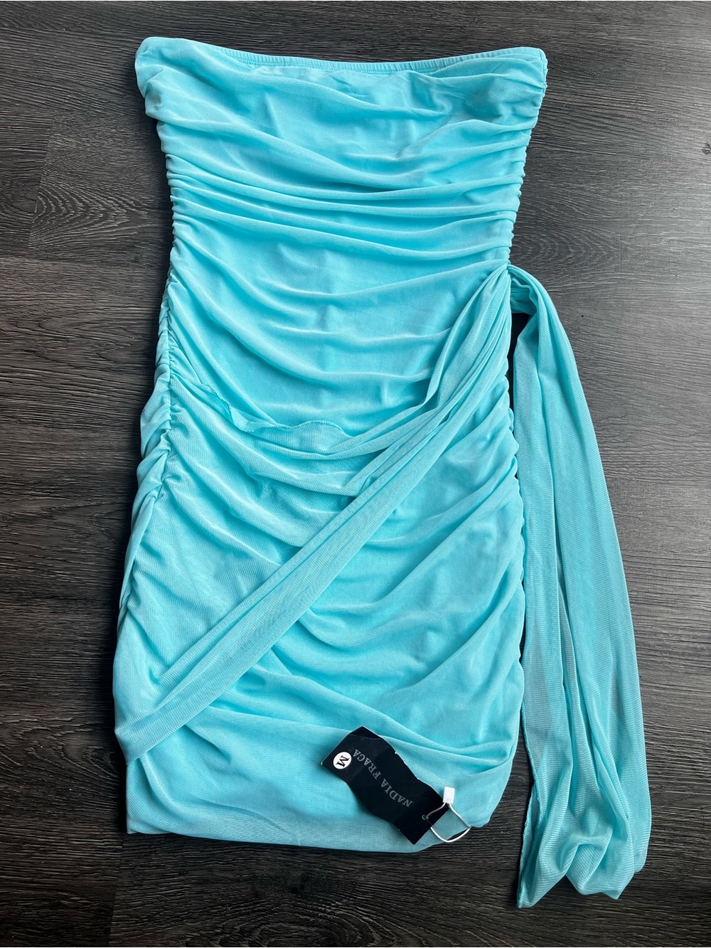 Strapless Turquoise Ruched Mini Dress - Picture 2 of 4